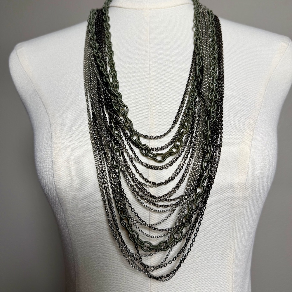 Multi Strand Layered Gunmetal & Silver Tone Chain Necklace Rocker Chic